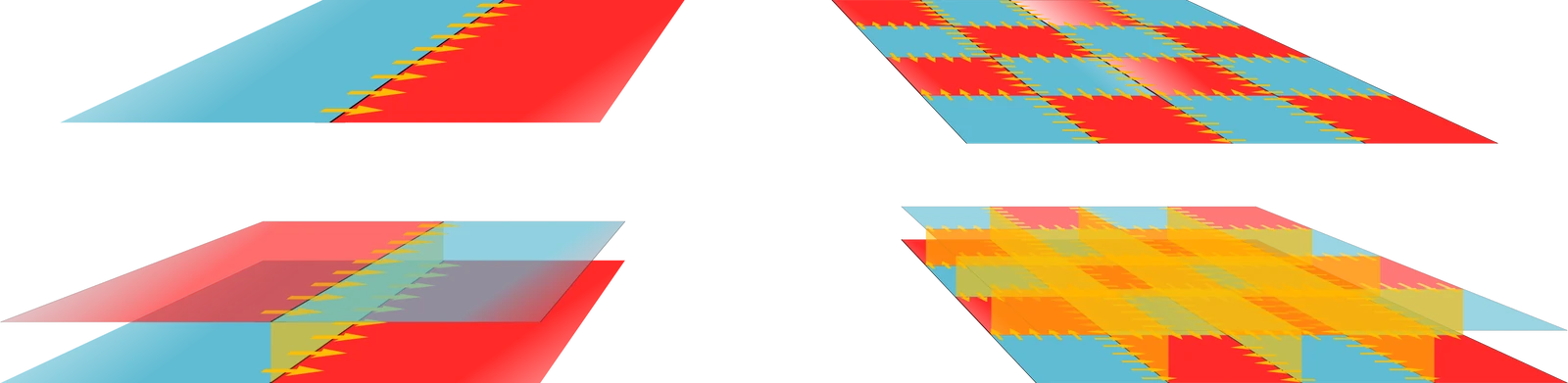 On the left, one dividing line promoted to a bilayer with non-Abelian fields; on the right, a tiled surface and its bilayer counterpart.